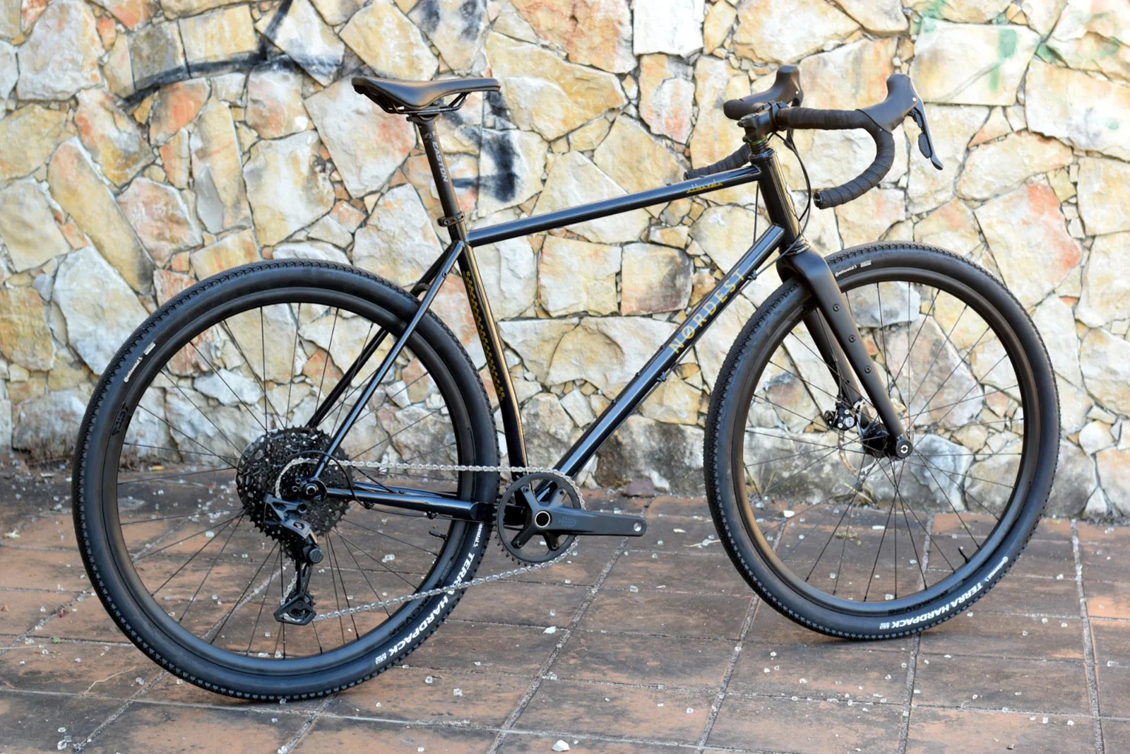 Nordest Super Albarda 3 MTB-inspired steel gravel bike, black bike angled